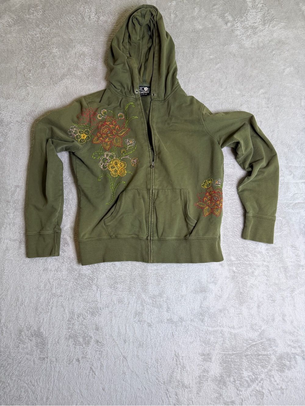 Vintage Y2K Lucky Olive Green Embroidered Zip-Up Hoodie XL
